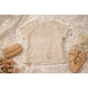 Cream Lace Crochet Blouse Boho Romantic Cottagecore Top Keyhole Back Medium
